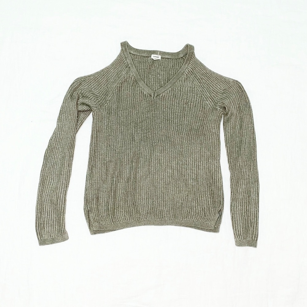 Open Shoulder V-neck Long Sleeve Knit Swea…